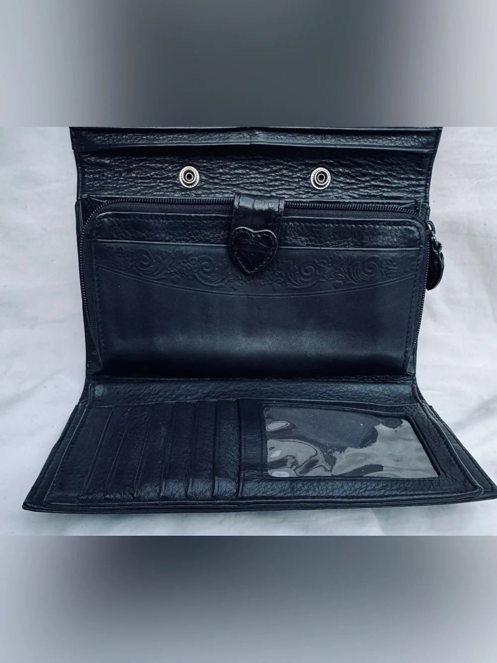 Brighton Black Croc-Embossed Leather Wallet with Silver Scroll Trim